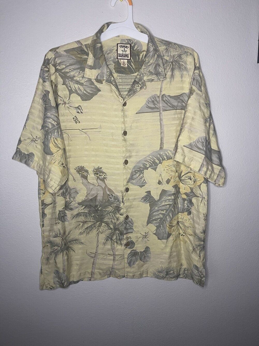 Tommy Bahama Shirt Mens Large Yellow Silk Palm Tree Floral Hawaiian Hulu Dancer
